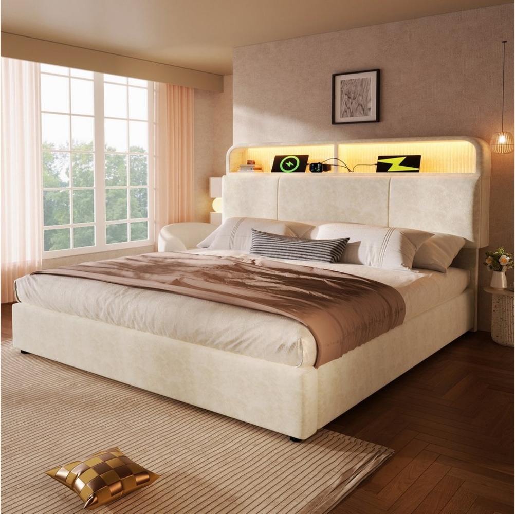 TavilaEcon Polsterbett Höhenverstellbares Bett mit LED-Beleuchtung, USB-Ladestation (1-tlg), mit großzügigem Stauraum, 180×200cm, beige Bild 1