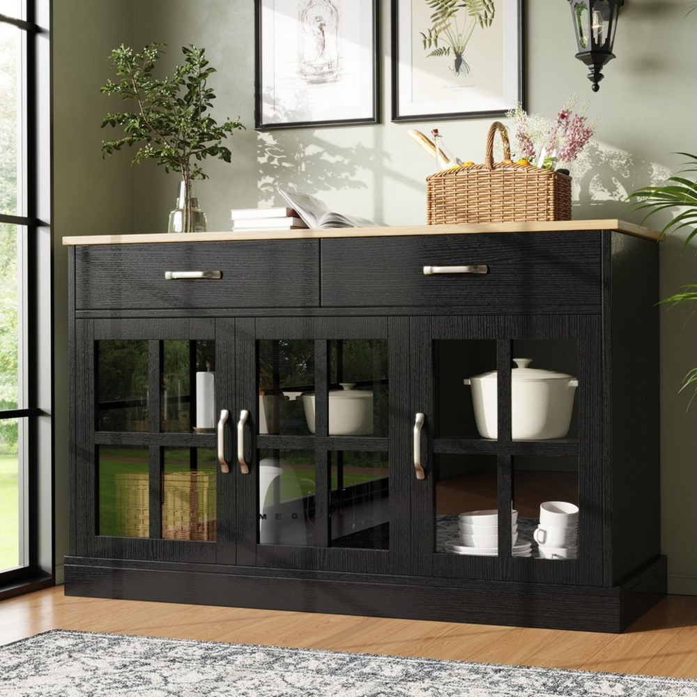 Flieks Sideboard mit 2 Schubladen und 3 Glastüren (1 St, B120/T40/H84 cm, mit verstellbarer Ablagen), Kommode Küchenschrank Beistellschrank Wohnzimmer Schwarz Bild 1