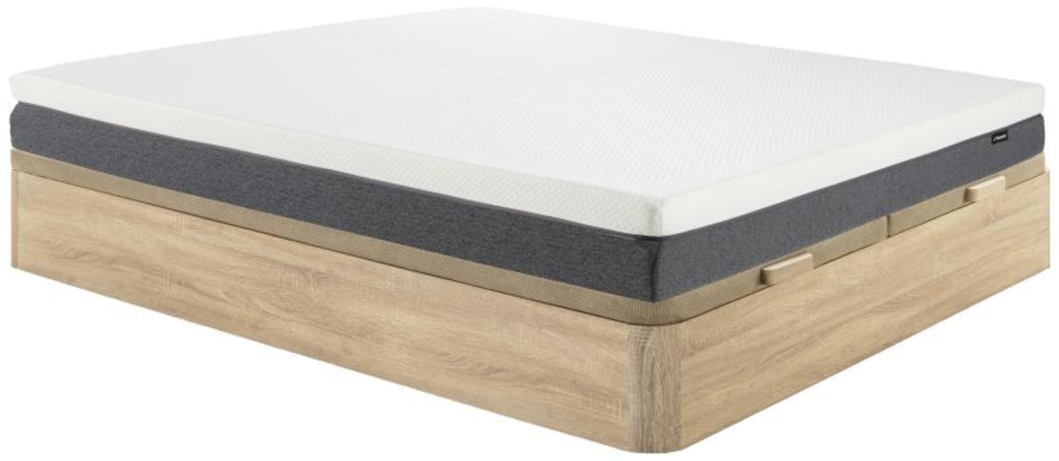 Vente-unique - Set aus Bettgestell mit Bettkasten + Taschenfederkernmatratze mit Auflage Memory Schaum & 7-Zonen-Schaumstoff - 180 x 200 cm - Hybridmatratze - Mit abnehmbarem Bezug - Stärke 25 cm - Holzfarben hell - KEPUR von YSMÉE Bild 1