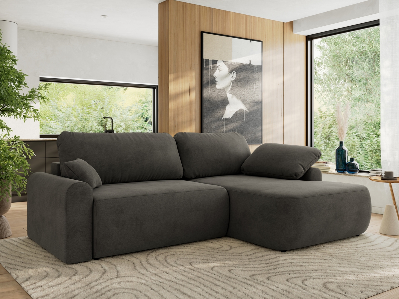 Ecksofa, L-förmiges, lose Kissen, DL-Schlaffunktion, (H 100 x T 187 x B 273 cm) - CUBO L - Velours Dunkelgrau - rechte Seite Bild 1