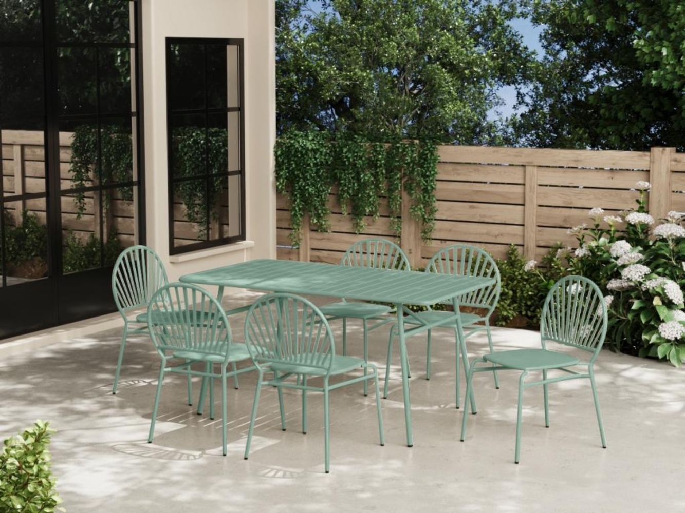 Vente-unique - Garten-Essgruppe aus Metall: Tisch 160 cm & 6 Stühle - Mandelgrün - CEDEIRA von MYLIA Bild 1