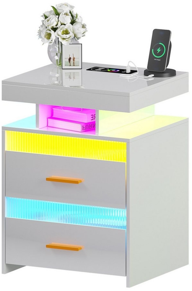 LVifur Nachttisch mit 24 Farben RGB Licht, USB- & kabelloser Ladefunktion, 2 Schubladen (1-St), Bewegungssensor, Hochglanz-Oberfläche, 45x40x60 cm, weiß Bild 1