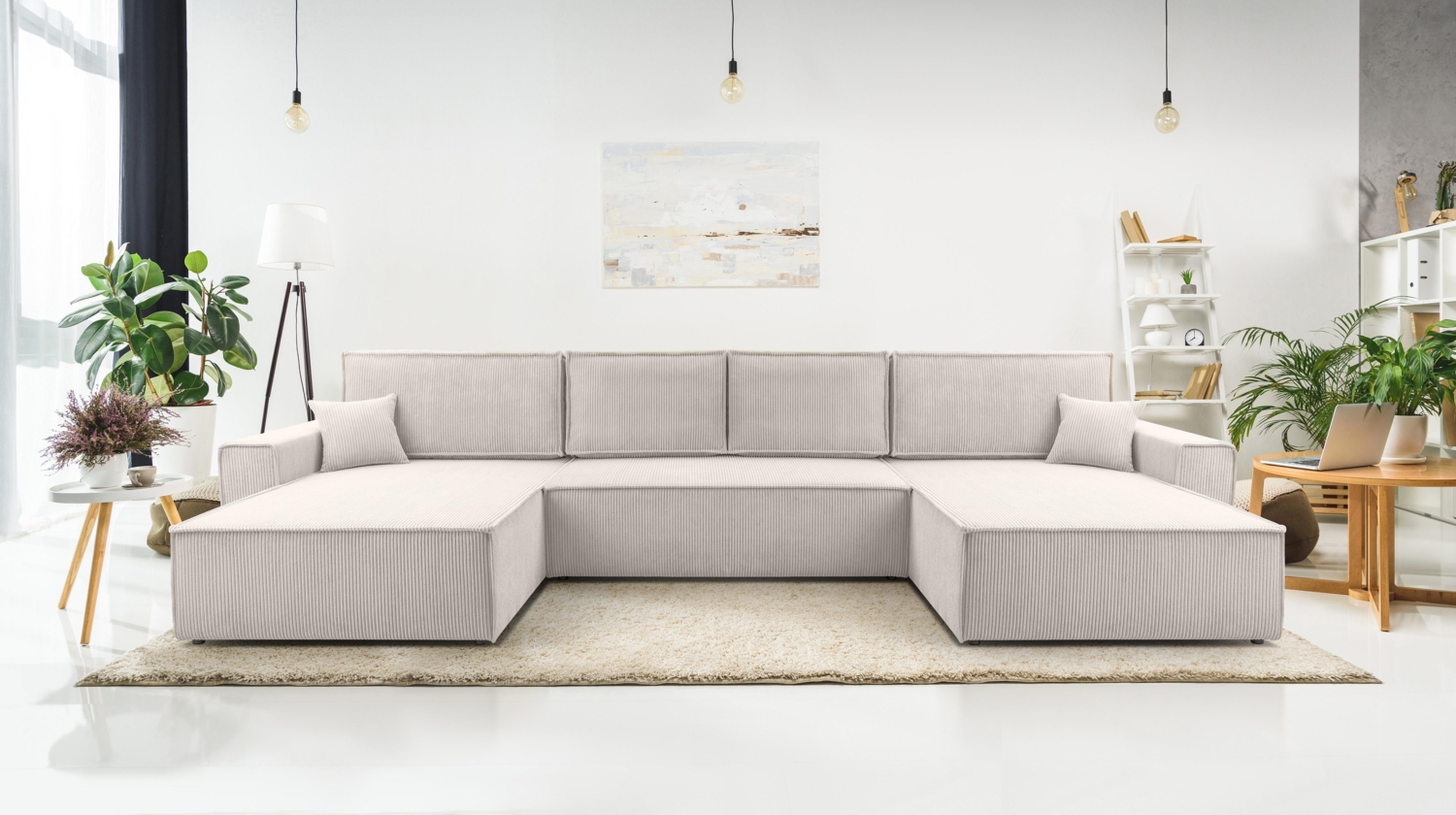 AX LIVING Weiß Sofa U mit Schlaffunktion Cedria U Wohnlandschaft 389 cm Bild 1