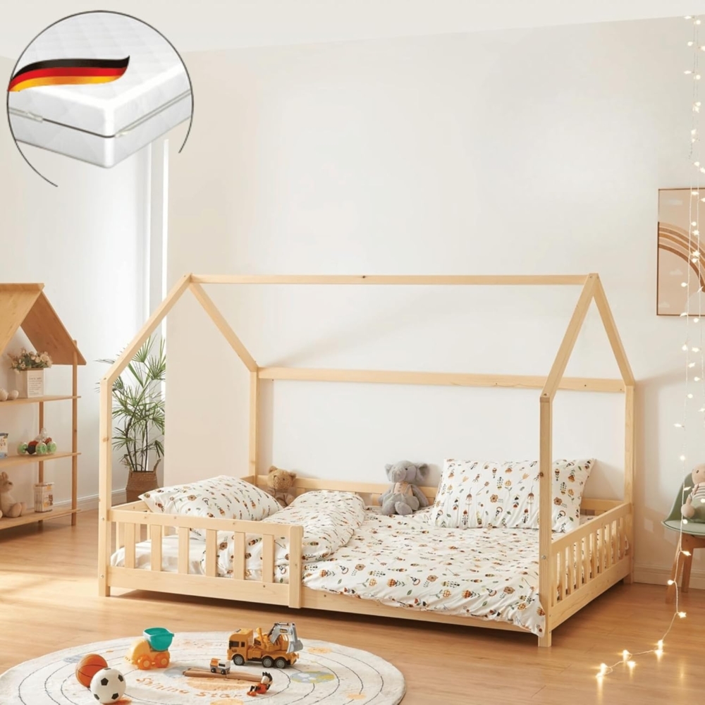 DELUKE® Kinderbett 120x200 OKLA - mit Matratze Lattenrost Rausfallschutz Haus-OptikEinzelbett aus Holz Hausbett Kinderzimmer Montessori Bett Braun Bild 1