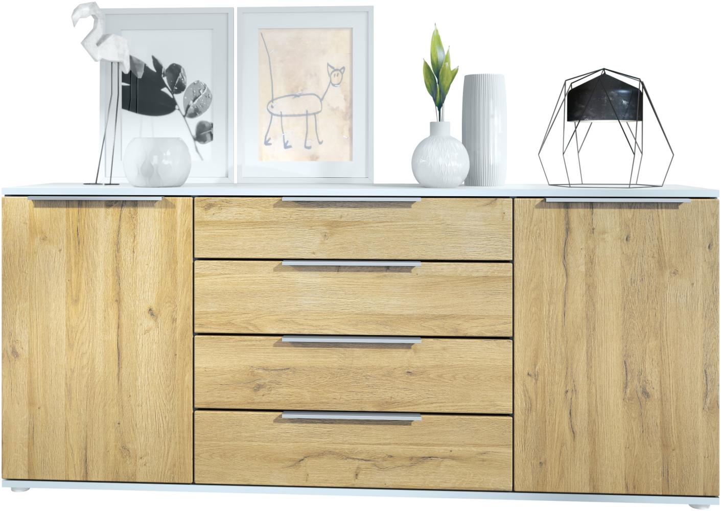 Vladon Sideboard Linio V2 166,5 x 72,5 x 35 cm Anrichte mit 2 Türen und 4 Schubladen, Korpus in Weiß matt, Fronten in Eiche Natur Bild 1