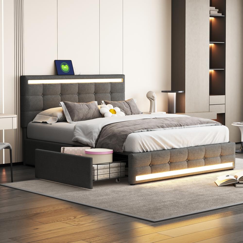 Merax Gepolstertes LED-Bettgestell mit 4 Schubladen und 2 USB-Ladestationen, Grau, 140x200 Bild 1