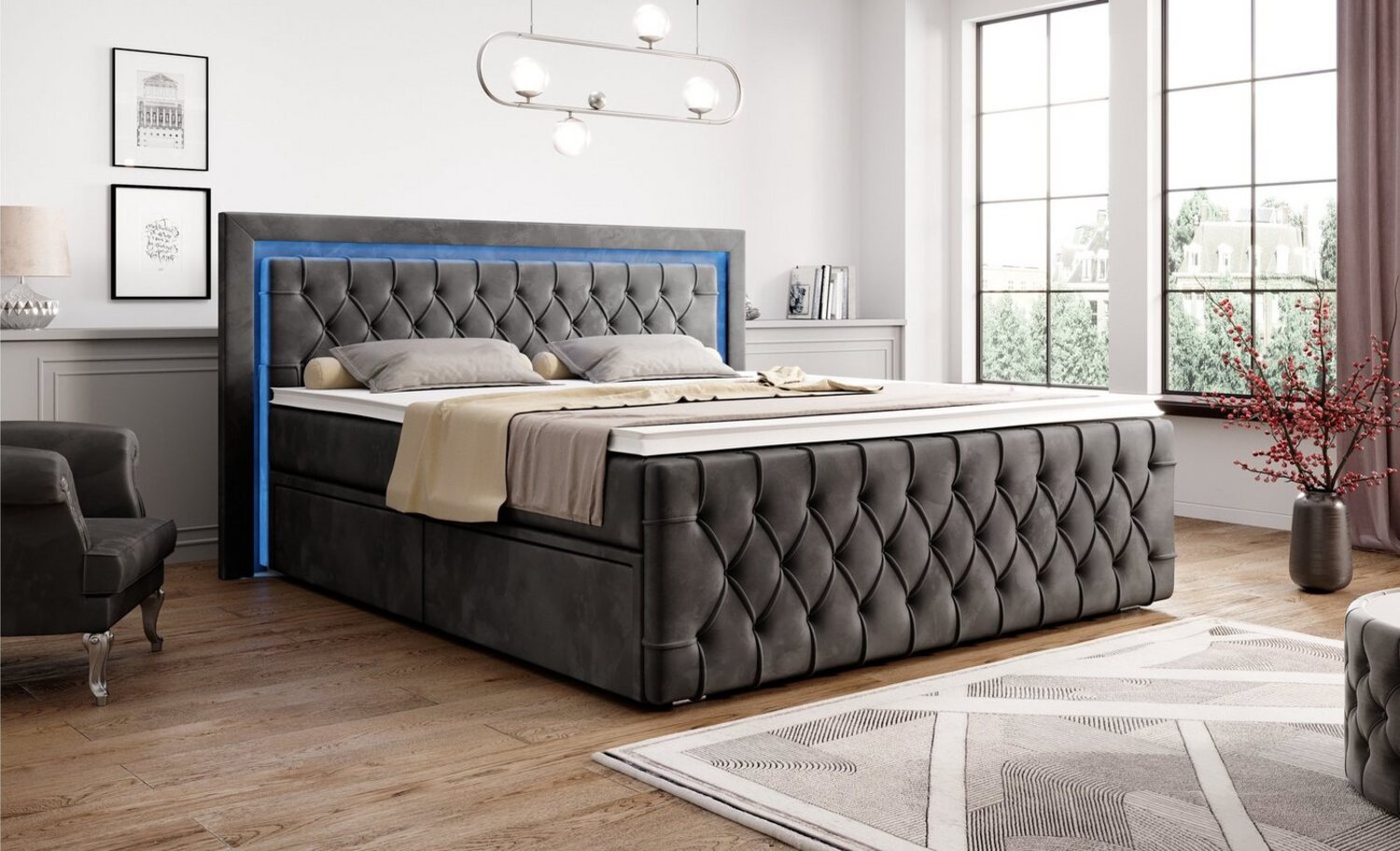 PROMETO Möbel Boxspringbett Arosa - Schubladen, LED 16 Farben, Matratze, Topper, Kopf und Fussteil Bild 1