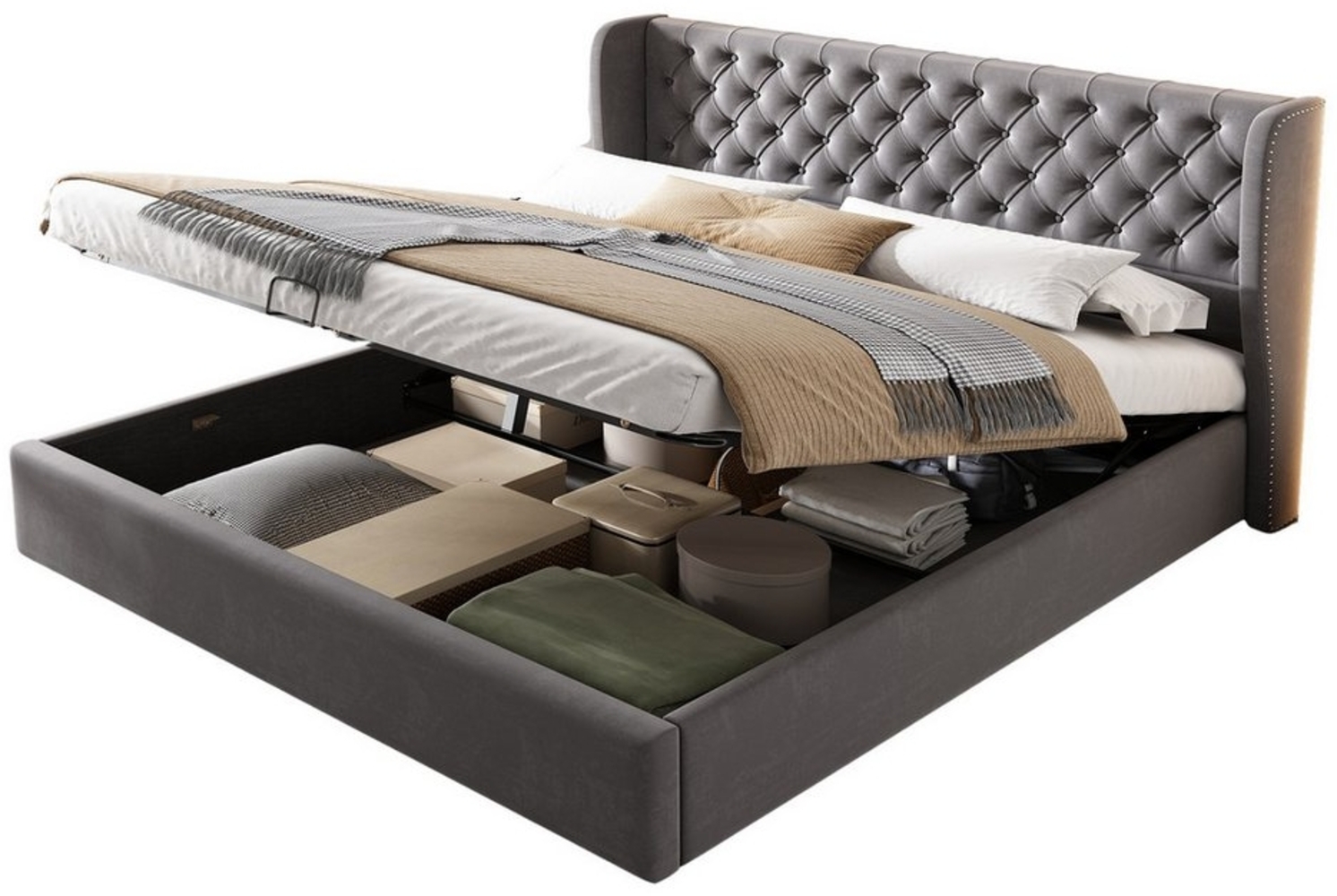 BlingBin Polsterbett Doppelbett Hydraulisches Funktionsbett mit Lattenrost und Stauraum (1er Set, 1-tlg, 160*200cm, Ohne Matratze, Belastbarkeit maximal: 300KG, Grau), Bettunterseite ist mit Einem Schmutzabweisenden Schwarzen Vliesstoff Bild 1