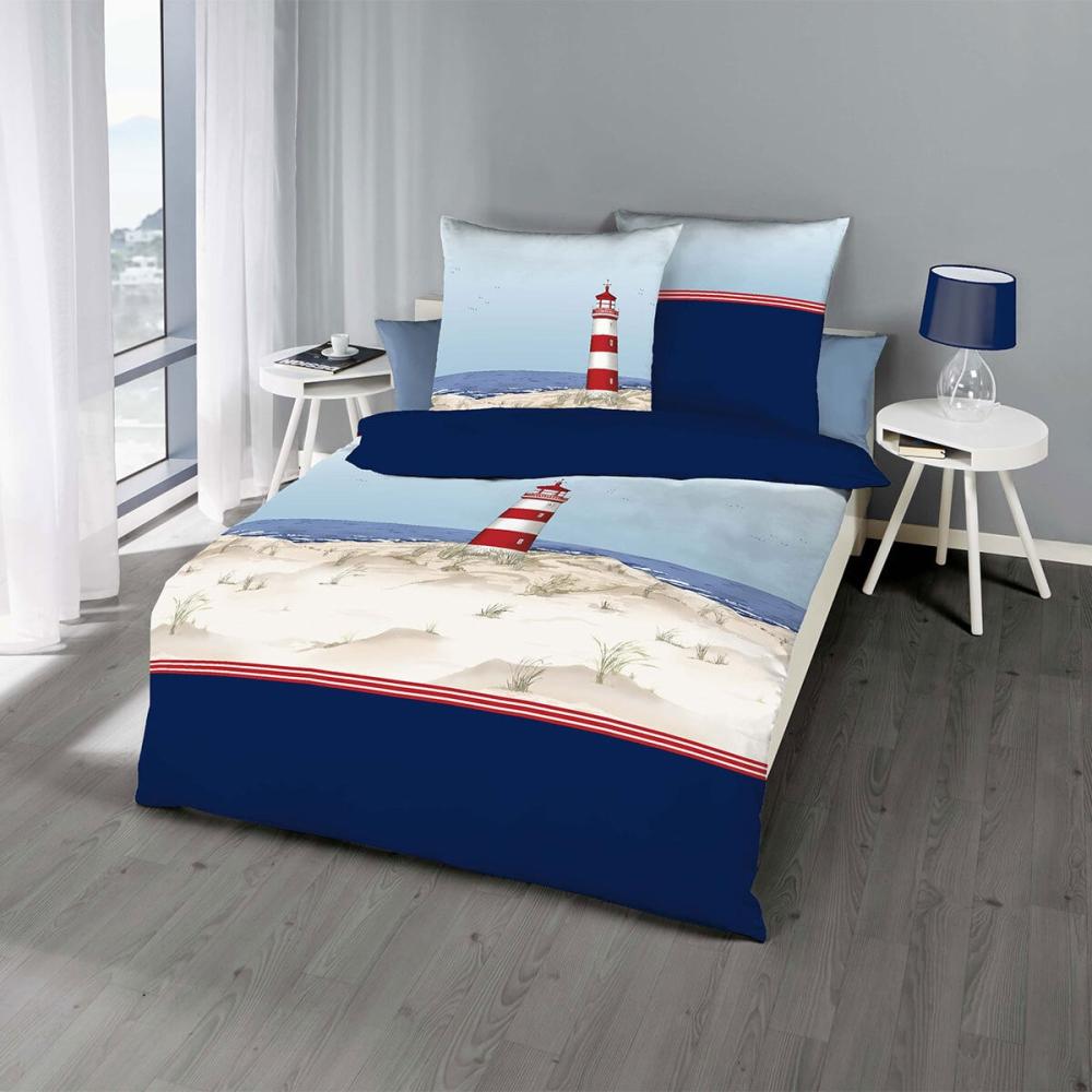 Kaeppel Mako-Satin Bettwäsche Leuchtturm blau | 155x220 cm + 80x80 cm Bild 1