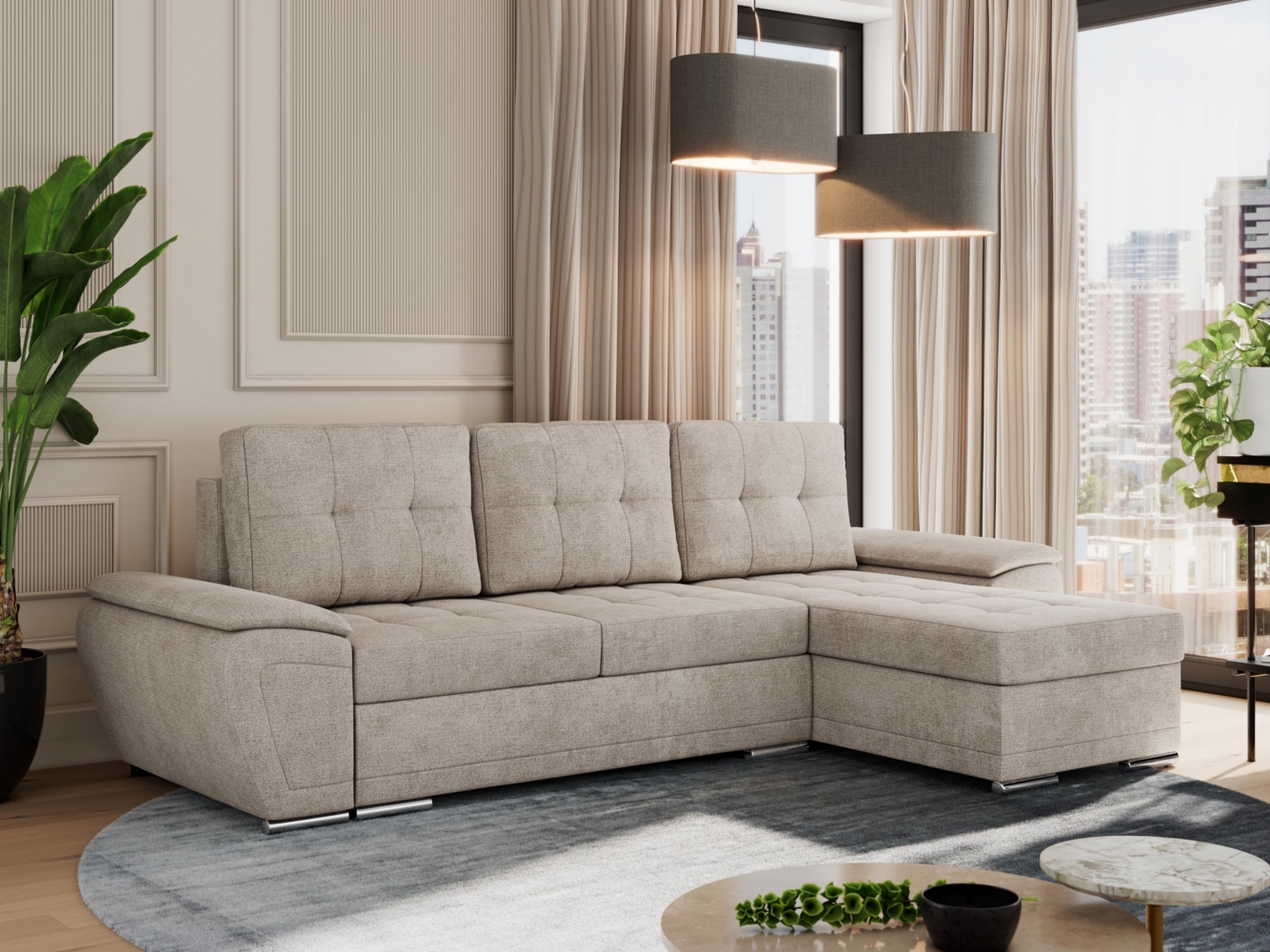 Universelles Ecksofa mit Schlaffunktion, Bettkasten und losen Kissen, gesteppte Sitzfläche - UMBRIA - Beige Stoff Bild 1