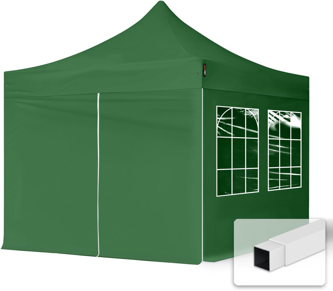 3x3 m Faltpavillon, ECONOMY Stahl 30mm, Seitenteile mit Sprossenfenstern, dunkelgrün Bild 1