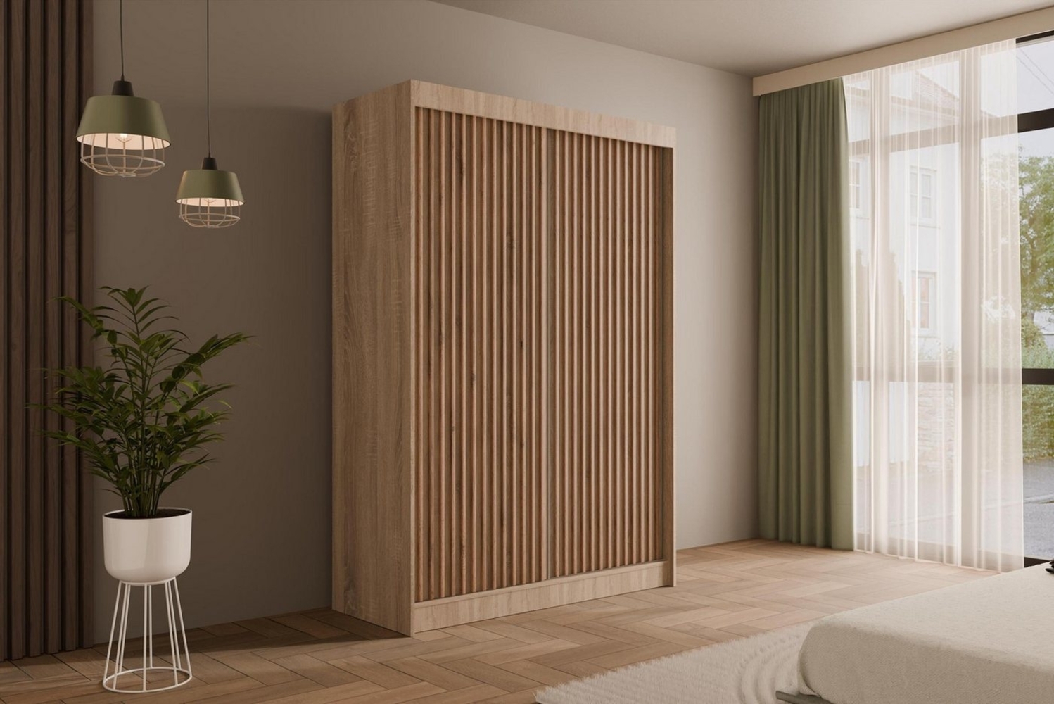 ALTDECOR Schiebetürenschrank VILANv2 (Kleiderschrank Garderobenschrank mit viel Stauraum Moderner Schrank) Vielseitiger Schwebetürenschrank Lamellen LED Beleuchtung Bild 1