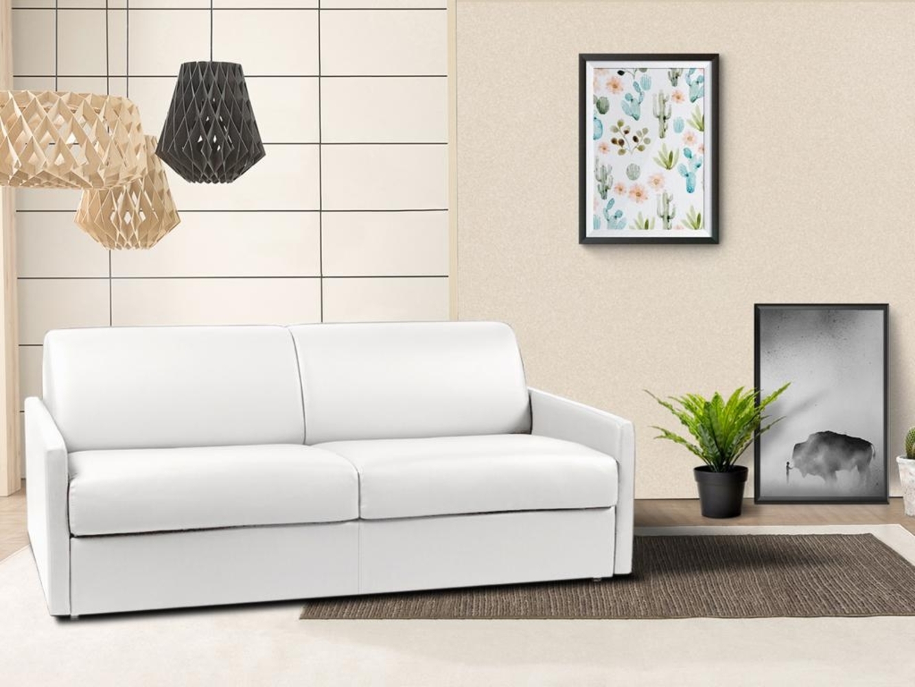 Vente-unique - Schlafsofa 4-Sitzer - Liegefläche mit Lattenrost mit breiten Latten: 160 cm - Matratze: 14 cm - Kunstleder - Weiß - CALIFE Bild 1