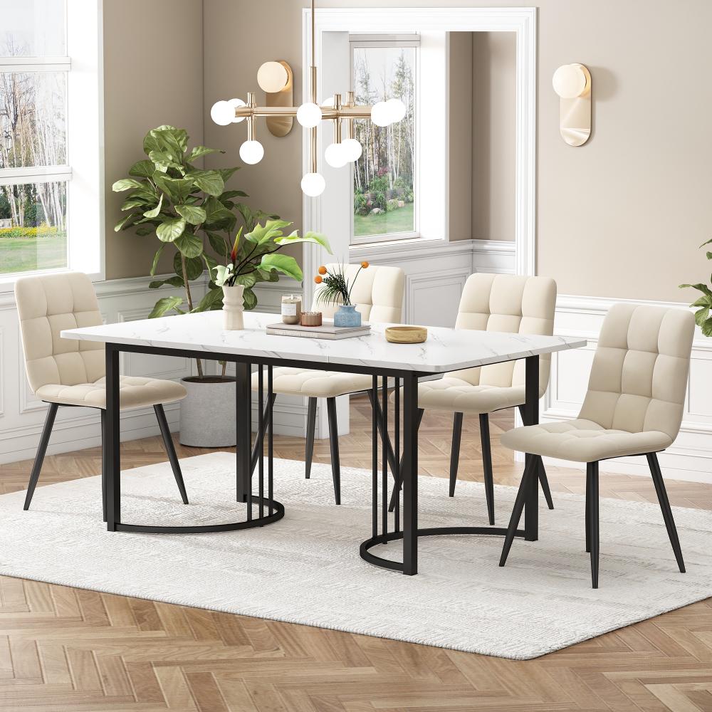 Merax Essgruppe (5-tlg),Esstisch mit 4 Stühlen Set, Moderner Küchentisch Set , 140×80cm Küchentisch mit Schwarz Metallbeinen, MDF Tischplatte in Weißer,Beige Samt Esszimmerstühle Bild 1