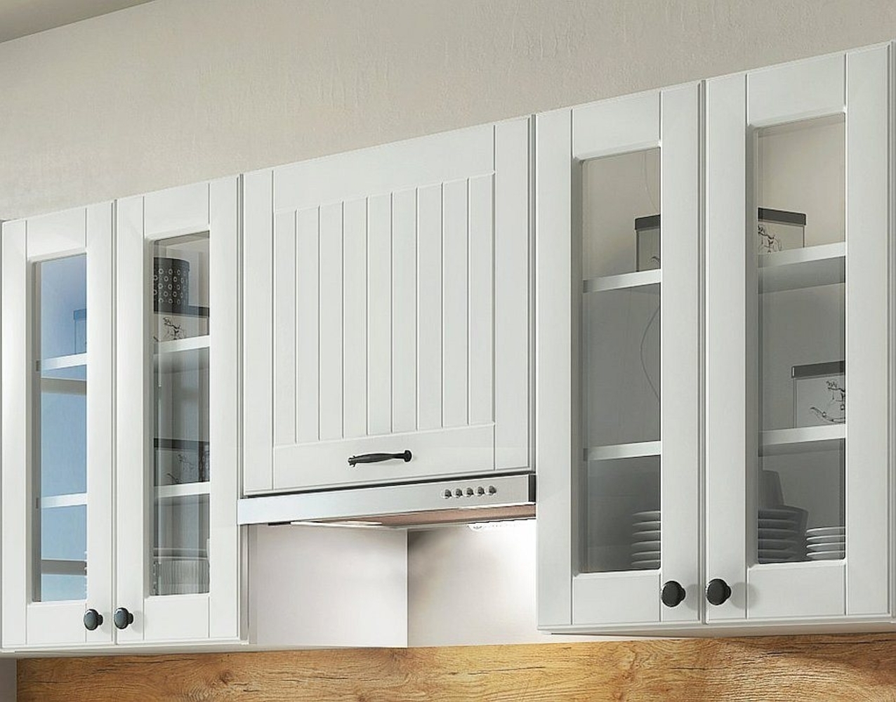 Möbel für Dich Küchenzeile Landhausküche Lora Einbauküche 240 cm 8-teilig, mit Lamellenfronten in Weiß, Beige oder Grau Bild 1