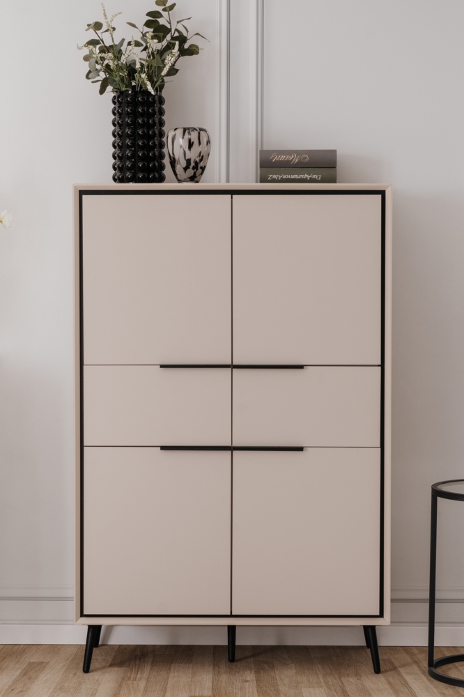 Highboard >Arona< 4 Türen, 2 Schubladen, 4 Böden, in Sand / Schwarz - 90x140x38cm (BxHxT) Bild 1