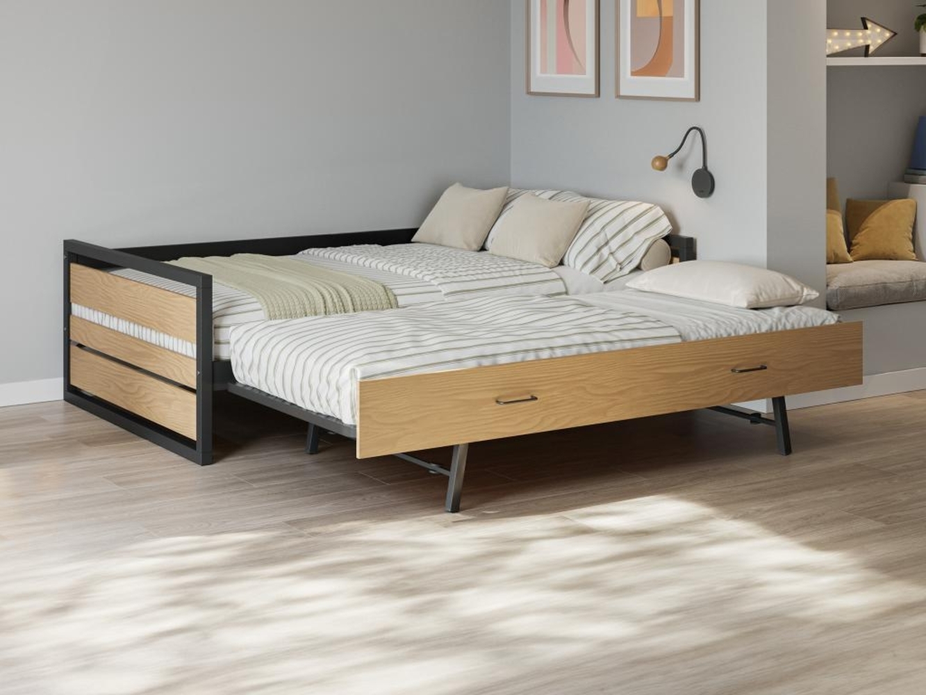 Vente-unique - Ausziehbett + Matratze - 120 x 200 & 90 x 200 cm - MDF, Kiefernholz & Metall - Holzfarben & Anthrazit - BOSTON Bild 1