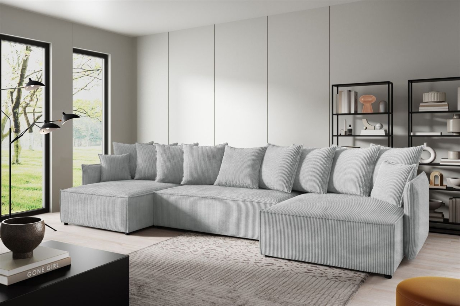 Wohnlandschaft mit Schlaffunktion MINEA Sofa U-Form in Stoff Poso Hellgrau Bild 1