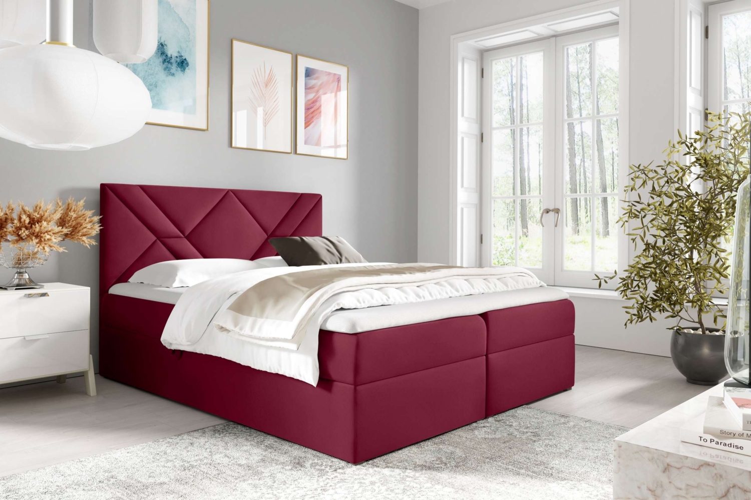 99rooms Umbro Boxspringbett 120x200 cm Velours MONOLITH Bordeaux Bild 1