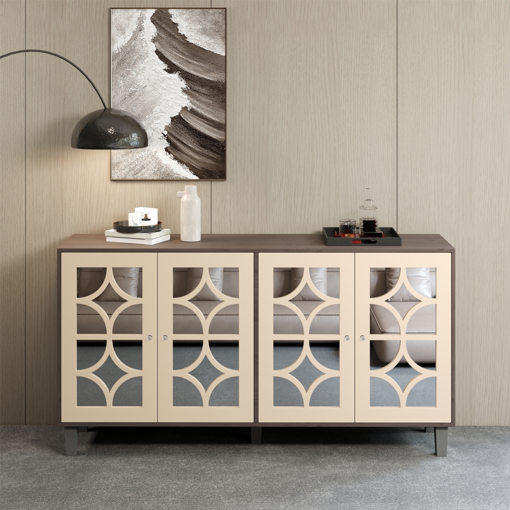 Merax Spiegel-Sideboard 160 x 40 x 85 cm mit coolen Kristallgriffen, 4 Türen, mit abnehmbarem Laminat, geeignet für Wohn- und Esszimmer, Holz und Braun Bild 1