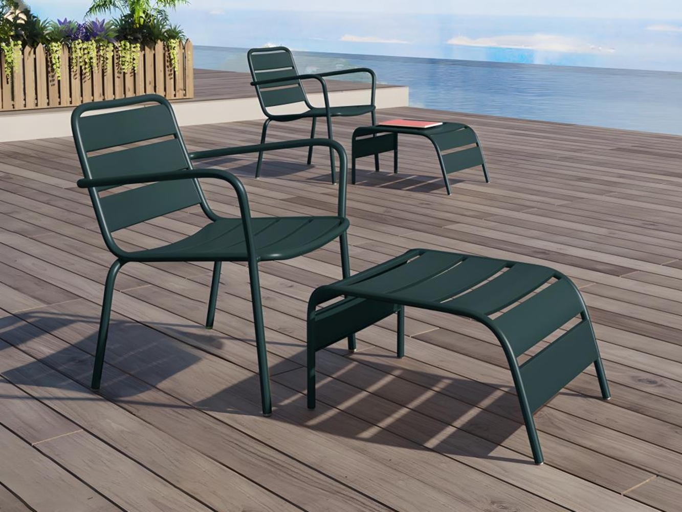 Vente-unique - Gartensessel niedrig & stapelbar + Fußbank - Metall - Tannengrün - MIRMANDE von MYLIA Bild 1