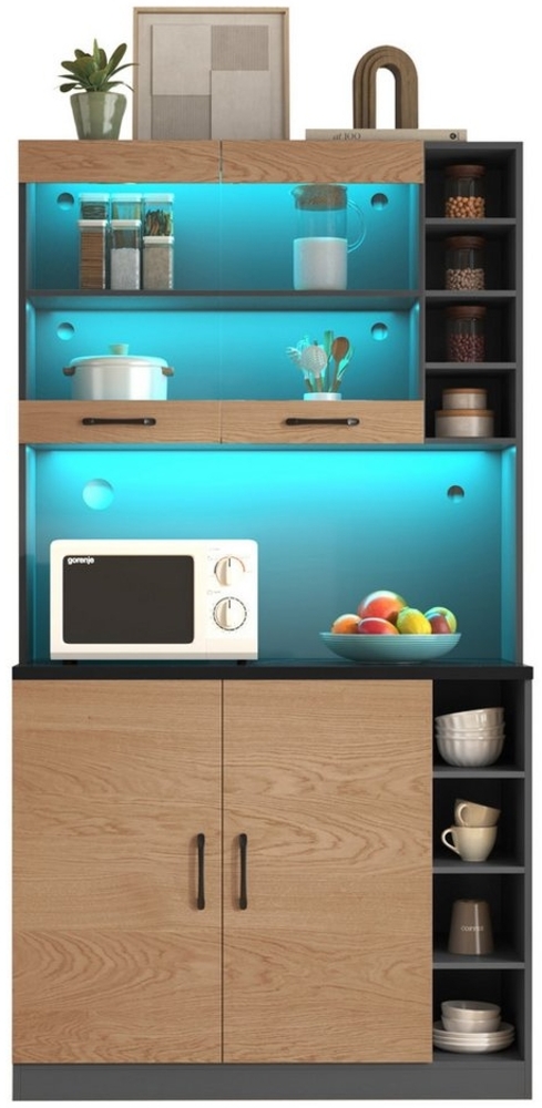 OKWISH Küchenbuffet Küchenschrank aus Holz mit LED und viel Platz für Mikrowelle (Ohne Dekoration, Küchenschrank, Buffet mit LED-Ambiente-Beleuchtung und Kabellöchern) 100x47x187cm Bild 1