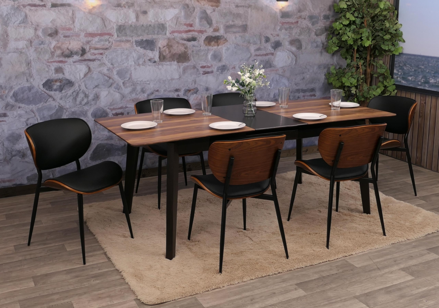 6er-Set Esszimmerstuhl HWC-O45, Stuhl, Bugholz Kunstleder 280g/m² Öko-Tex FSC® ~ Walnuss-Optik, schwarz Bild 1