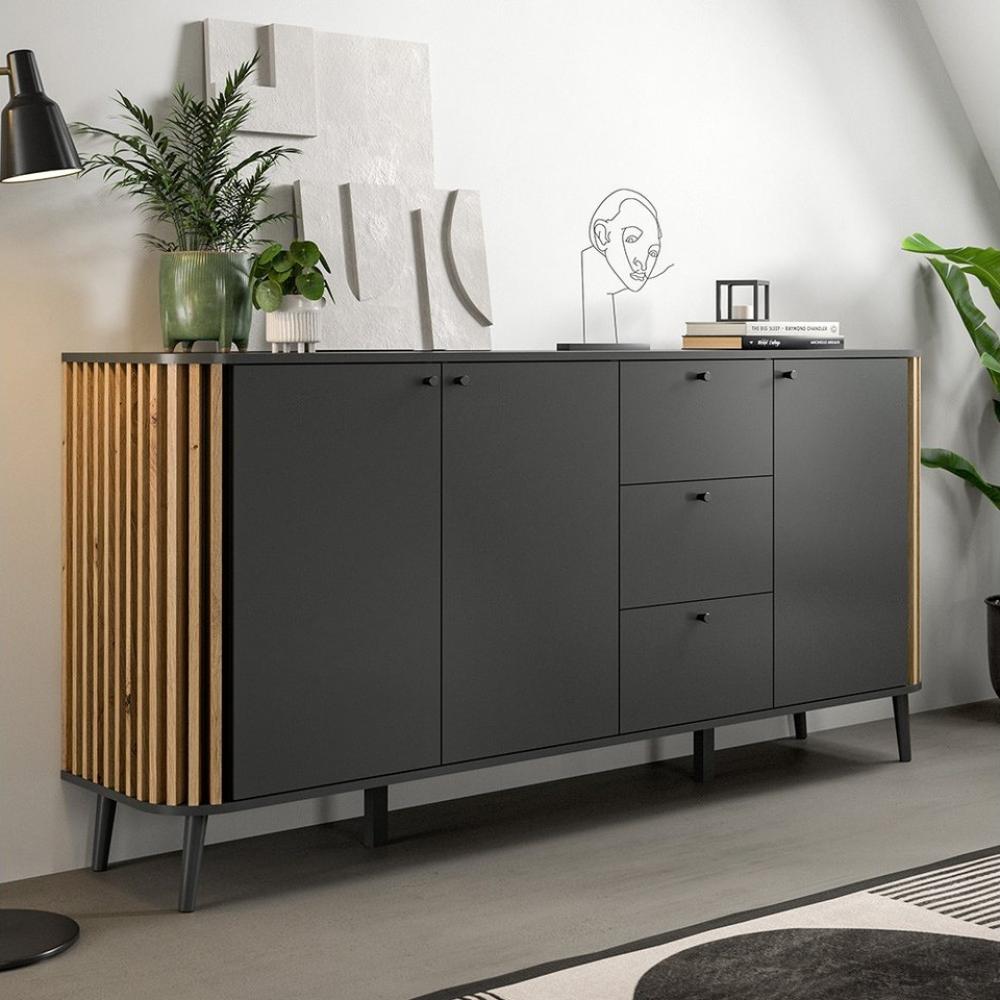 Lomadox Sideboard PONTS-158, grau Eiche Lamellen Design Retro 177x80x40 cm Bild 1