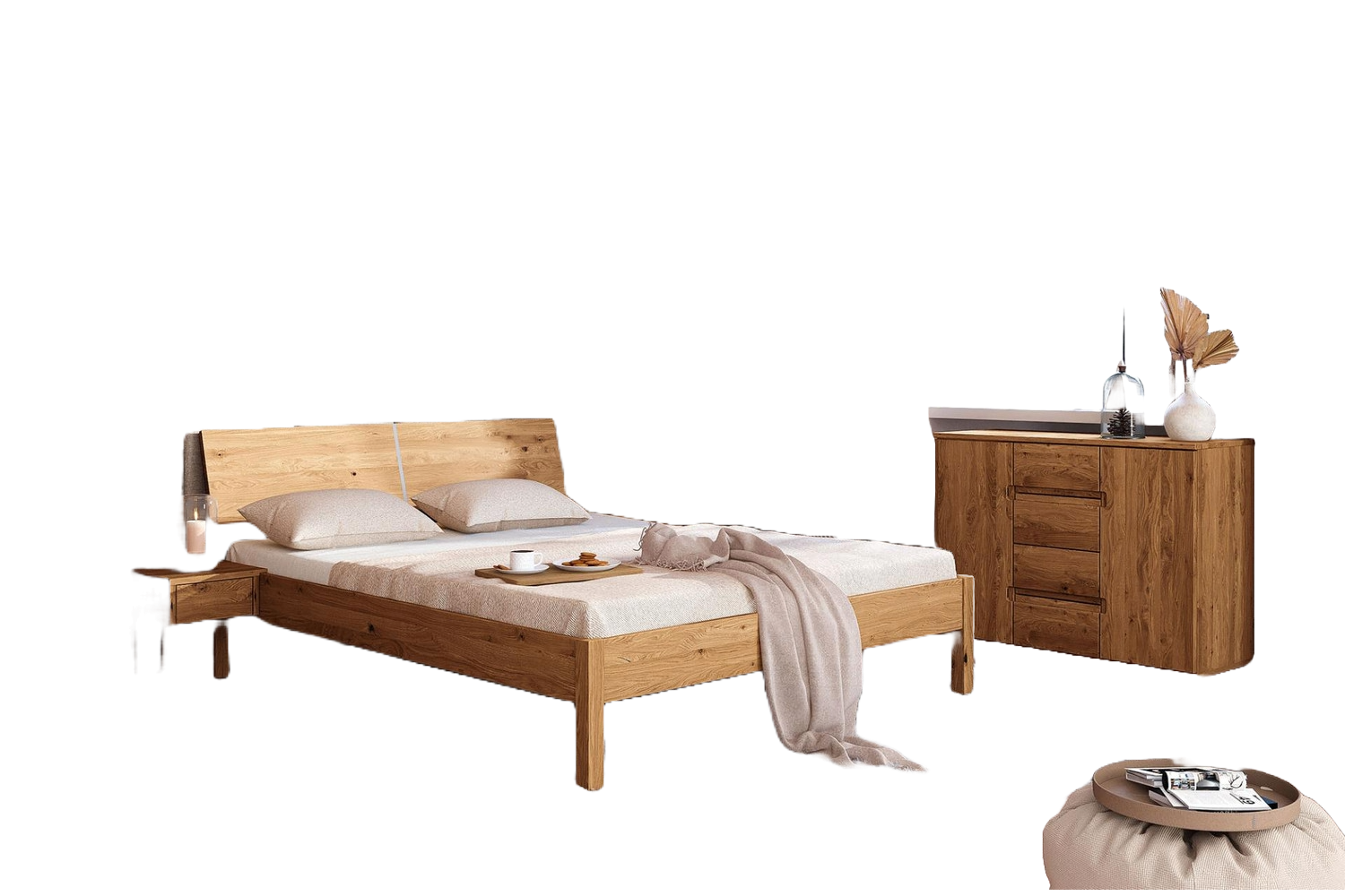 Bett Bento 9 Sonderlänge 160x210 Wildeiche massiv mit Holzkopfteil und Holzbeine Bild 1