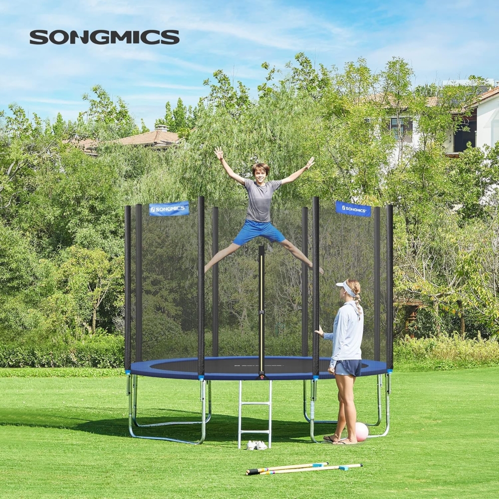 Songmics Trampolin mit Sicherheitsnetz, Leiter und gepolsterten Stangen, schwarz-blau, Ø 305 cm Bild 1