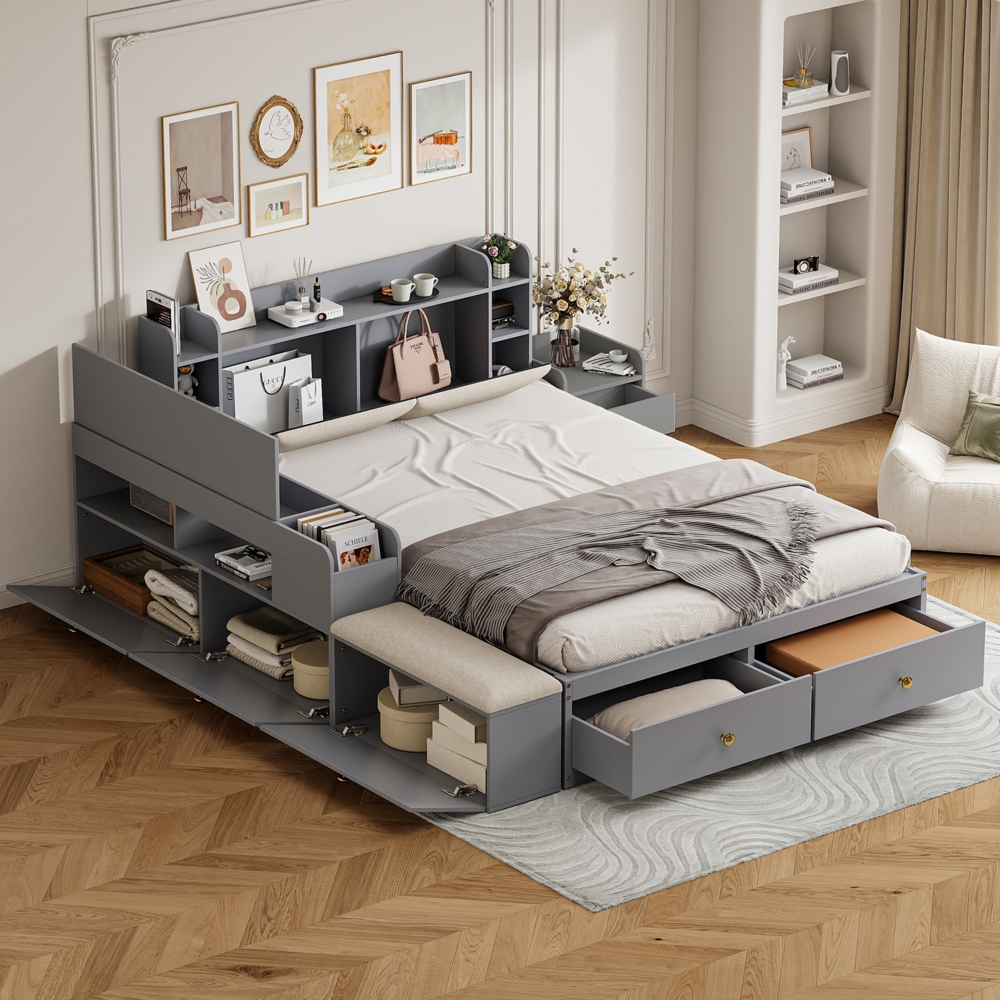 Merax Doppelbett, Massivholz-Kombi-Bett 140*200cm, Kopfteil mit eingebautem Staufach, mit Schubladen, mit Nachttisch, mit Stauraum-Langschrank, mit Sofabank, Stauraumbett Tatamibett, Grau Bild 1