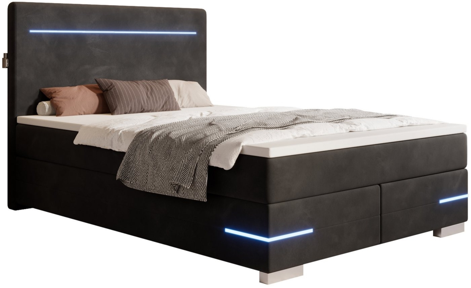 wonello Boxspringbett Portland, Samt Bett mit LED-Beleuchtung, 2x USB-Anschluss und Topper Bild 1