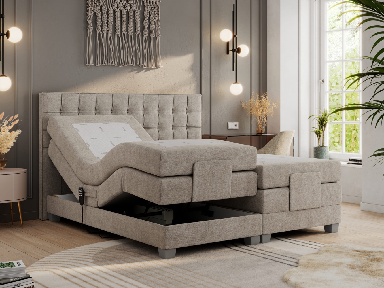 Boxspringbett elektrisch verstellbar, Schlafzimmerbett, Bettkasten - ELEKTRO - 200 x 200 cm - Beige Stoff - H4 Bild 1
