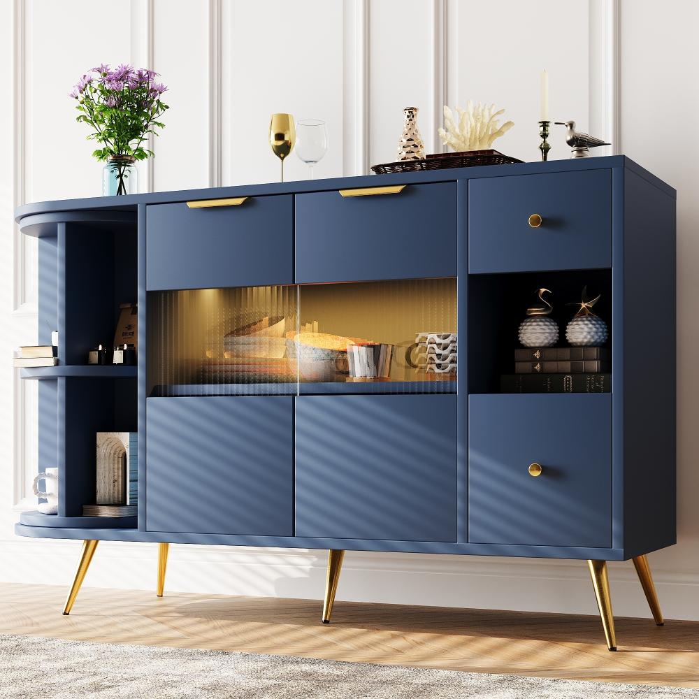 Merax Sideboard Kommode mit 360° drehbar Regal, mit 2 Glasstüren und 2 Schubladen, mit LED-Beleuchtung Konsolentisch Wohnzimmer, 130*40*80cm, Blau Bild 1