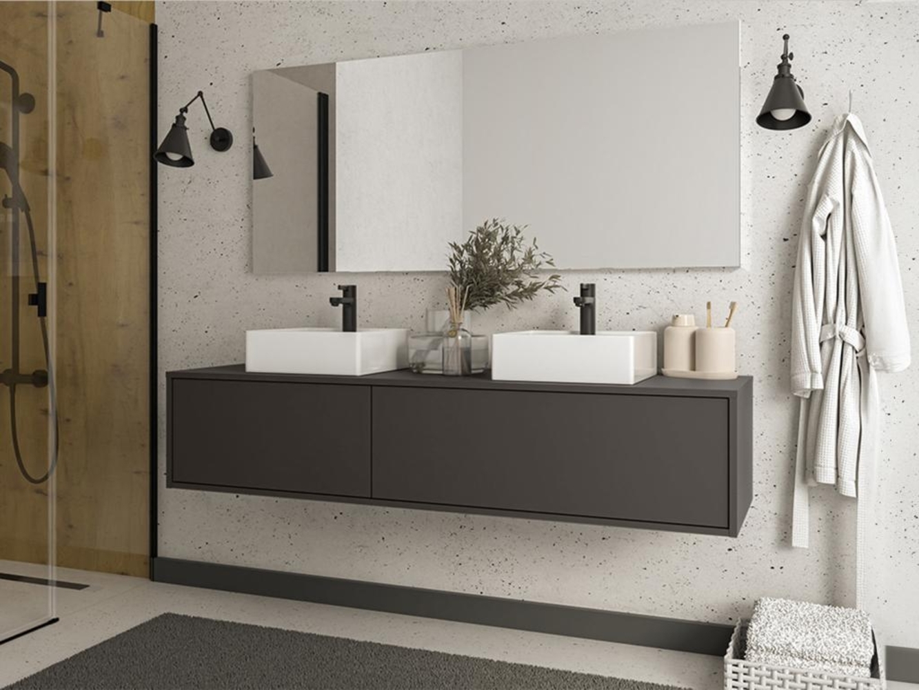 Vente-unique - Waschbeckenunterschrank hängend mit Doppelwaschbecken - Anthrazit - L150 cm - ISAURE II Bild 1