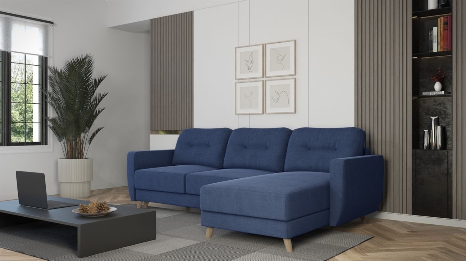 Ecksofa Sofa mit Schlaffunktion MARLIES Stoff Sawana Jeansblau Ottomane Rechts Bild 1