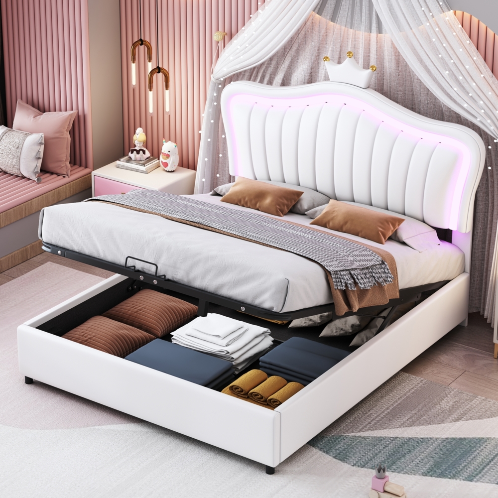 Weiß Rosa Prinzessinnen Bett 140x200 cm Mit Hydraulischem Stauraum Und LED Beleuchtung Kinderbett Mit Krone Muschel Design Märchenbett Mit RGB Licht Bild 1