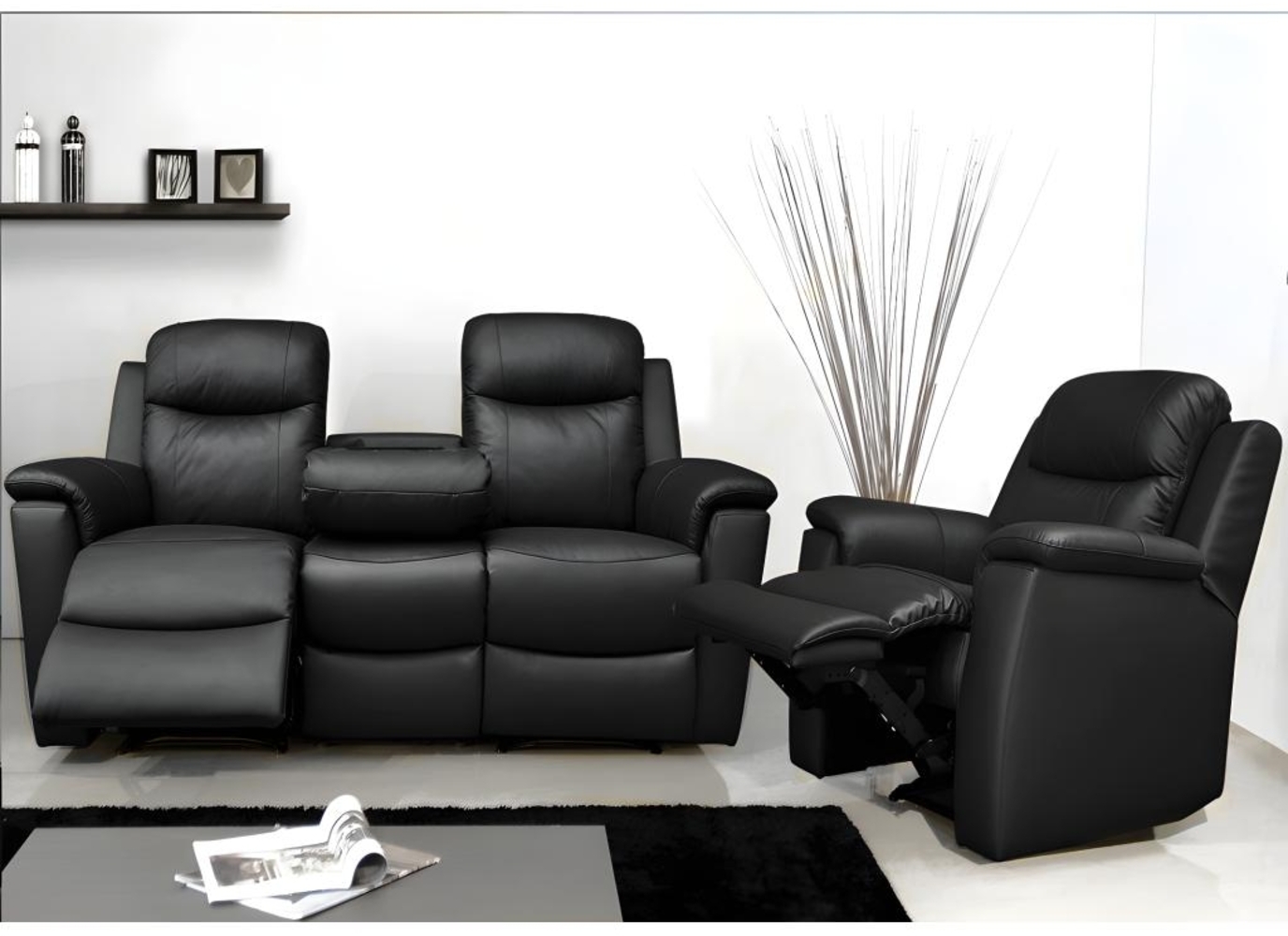 Vente-unique - Ledergarnitur Relax 3+1 - Schwarz - EVASION Bild 1