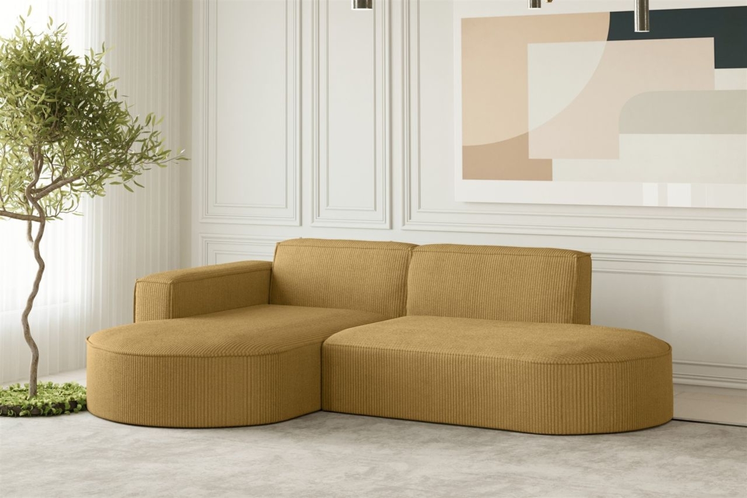 Ecksofa Designersofa PALMA XS in Stoff Scala Senfgelb Ottomane Links Bild 1