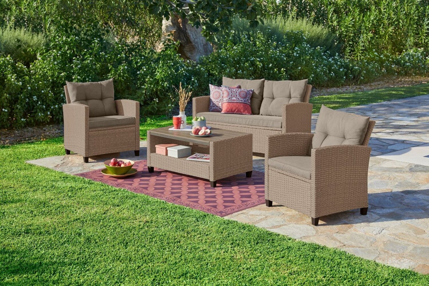 KONIFERA Gartenlounge-Set Lorca, (Set, 16-tlg, 2x Sessel, 1x2er Sofa, 1x Tisch 90x55x42,5cm, inkl. Auflagen, Stahl), Polyrattan, Ablagefläche unter dem Tisch, Tischplatte aus Nonwood Bild 1