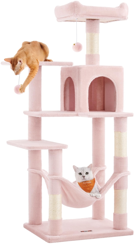 Feandrea Kratzbaum, 143 cm hoch, Katzenbaum, mehrstöckiges Katzenhaus, mit 4 Kratzsäulen, 2 Plattformen, Hängematte, Höhle, pastellrosa PCT161P01 Bild 1