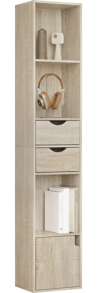 WOLTU Bücherregal Bücherschrank, Standregal mit Schubladen, Regal mit Tür, Büroregal, Aufbewahrungsregal für Wohnzimmer Schalfzimmer, helle Eiche, 30 x 158 x 24 cm, SK028hei Bild 1