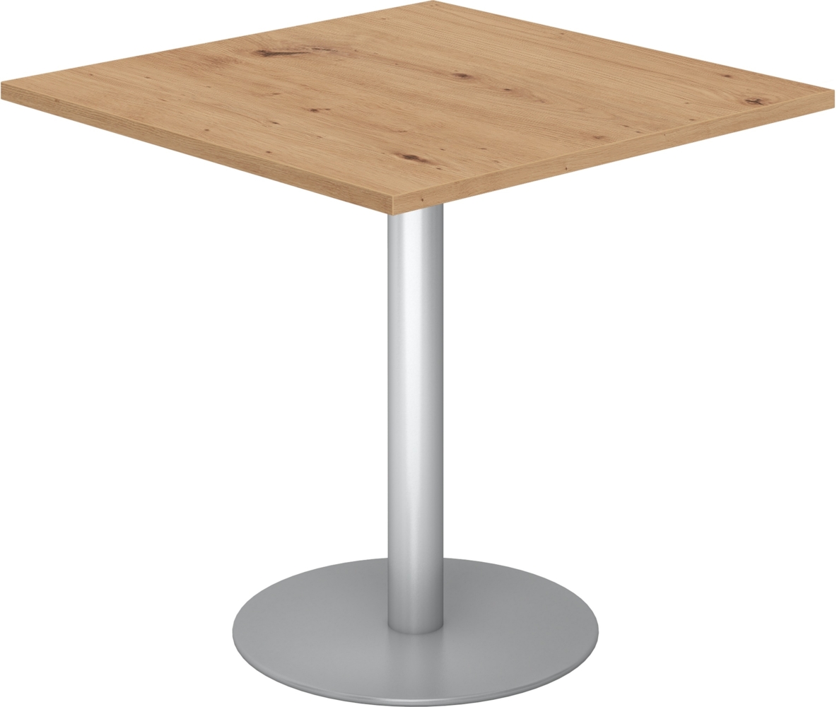 bümö Besprechungstisch, Esstisch klein, Tisch eckig 80x80 cm - kleiner Esstisch Asteiche, Rundtisch Esstisch 2 Personen mit Holz-Platte, Säule aus Metall in silber, Konferenztisch, Bistrotisch, STF88-R-S Bild 1