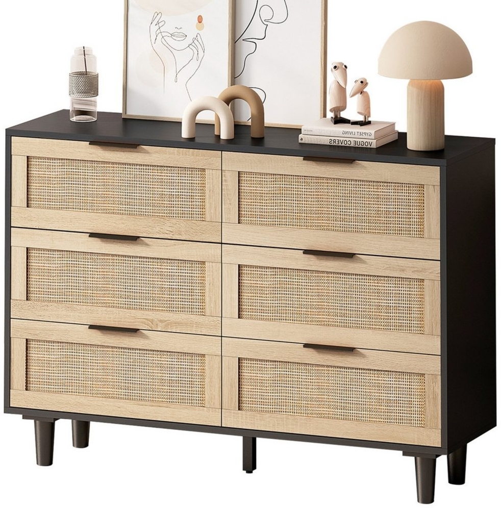 Yorbay Kommode Rattan Sideboard mit 6 Schubladen, Aufbewahrungsschran, Metallgriffe, 110x40x75 cm Bild 1