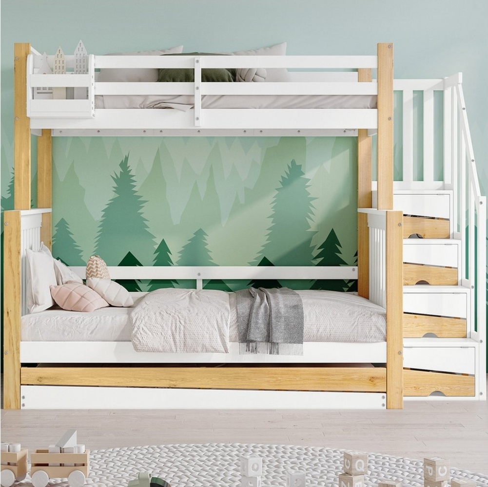 Flieks Etagenbett, Kinderbett 90x200 cm+120x200 cm mit Ausziehbett 90x190 cm Stauraumtreppe Bild 1