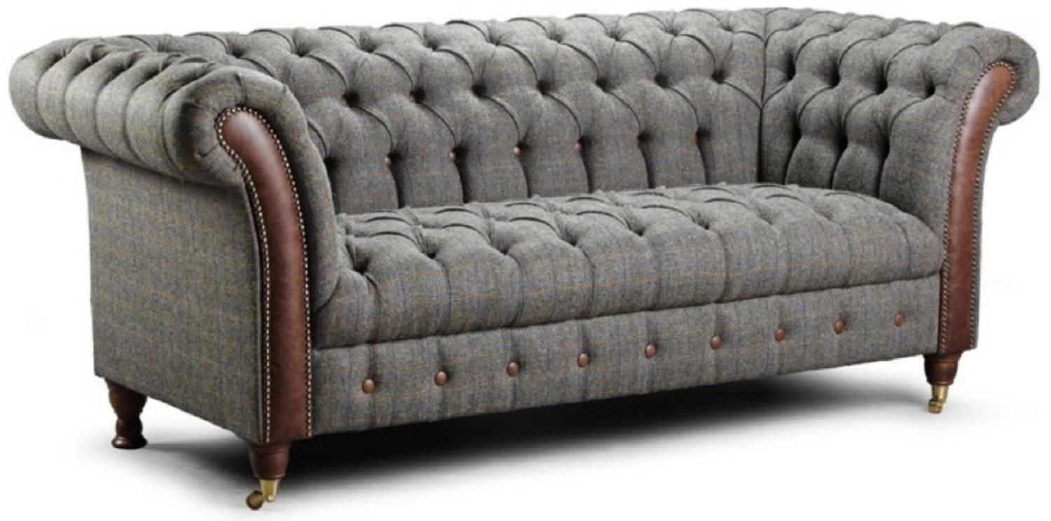 Casa Padrino Luxus Chesterfield 2er Sofa Grau / Dunkelbraun 200 x 95 x H. 85 cm - Wohnzimmer Sofa mit Echtleder - Chesterfield Wohnzimmer Möbel Bild 1