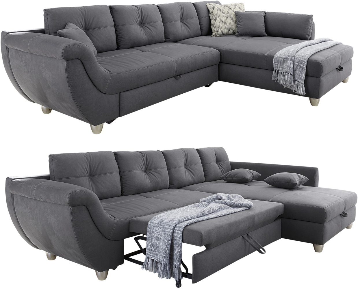 ECKSOFA mit Schlaffunktion und großem Bettkasten, seitenverkehrt montierbar B330/T207/H90 cm, Liegefl. 153x270 cm, Mikrofaser Grau Bild 1
