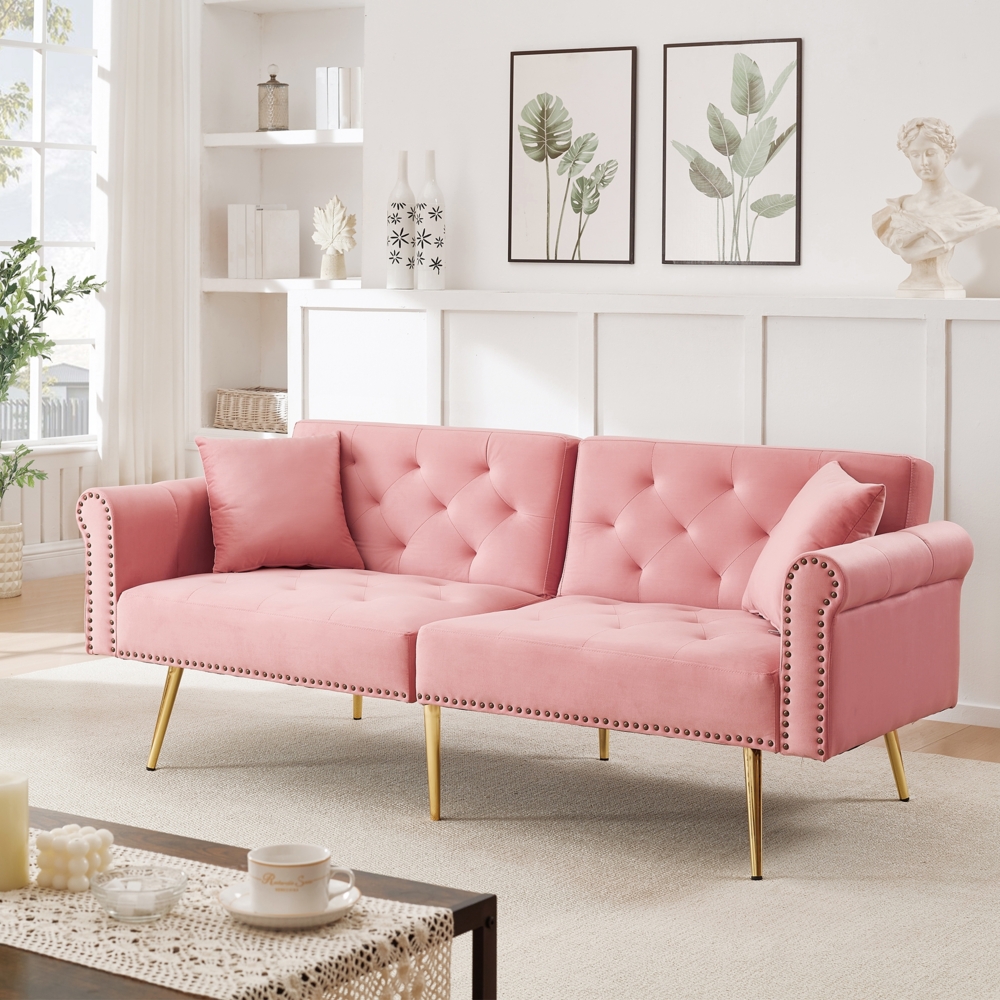 Schlafsofa in Rosa mit verstellbarer,vergoldete Metallfüße, 3 Stufen Rückenlehne, 2 flauschige Sofakissen, versteckter Stauraum Bild 1