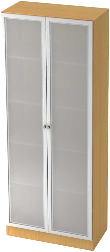 bümö office Aktenschrank mit Milchglastüren, Büroschrank groß aus FSC-Holz, 80cm breit in Buche/Silber - Schrank, Büroschrank, Büro Möbel Schrank System, 6100G-6-S-SG Bild 1