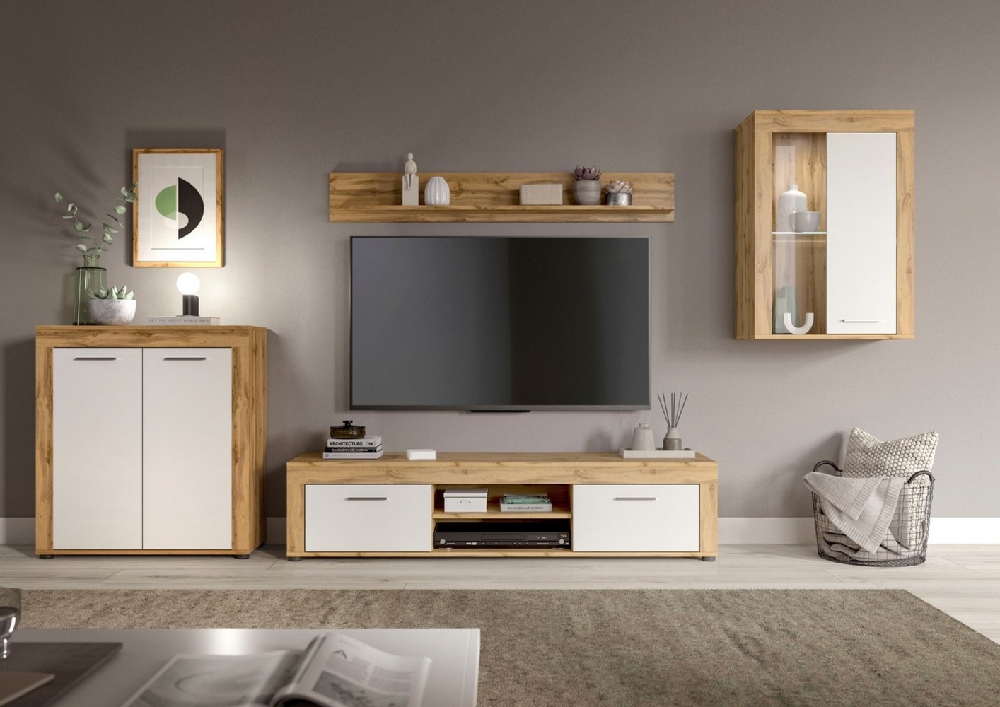 INOSIGN Wohnwand Aosta, 4-tlg, best. aus: Highboard, Lowboard, Wandboard & Vitrine, (4-St), Wohnwand, Kombination, Anbauwand, Möbel Set, Schrankwand, Möbel Kombi Bild 1